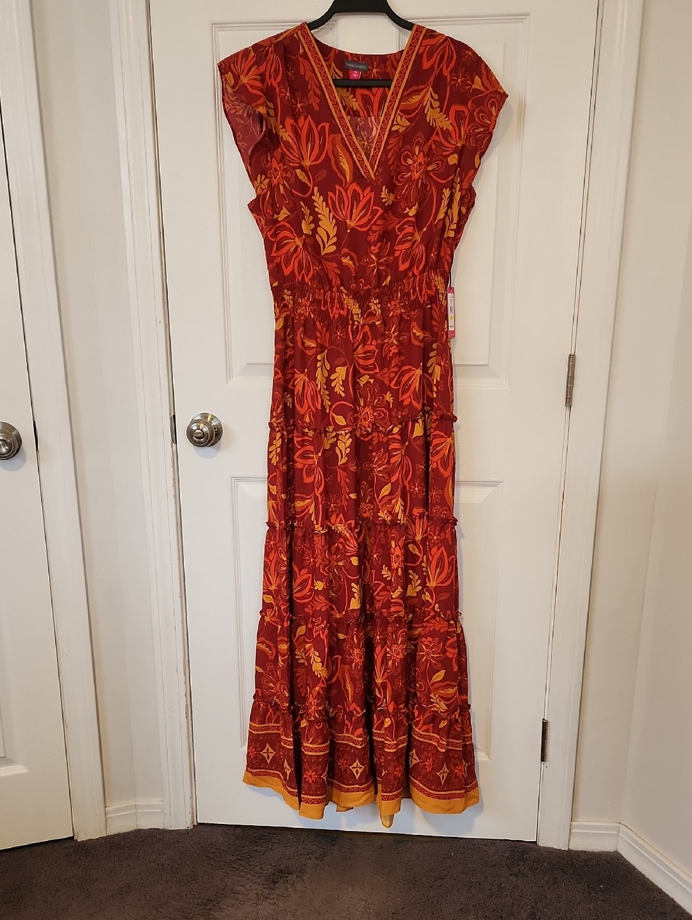 Vince Camuto Red and Gold Floral Tiered V-Neck Maxi Dress